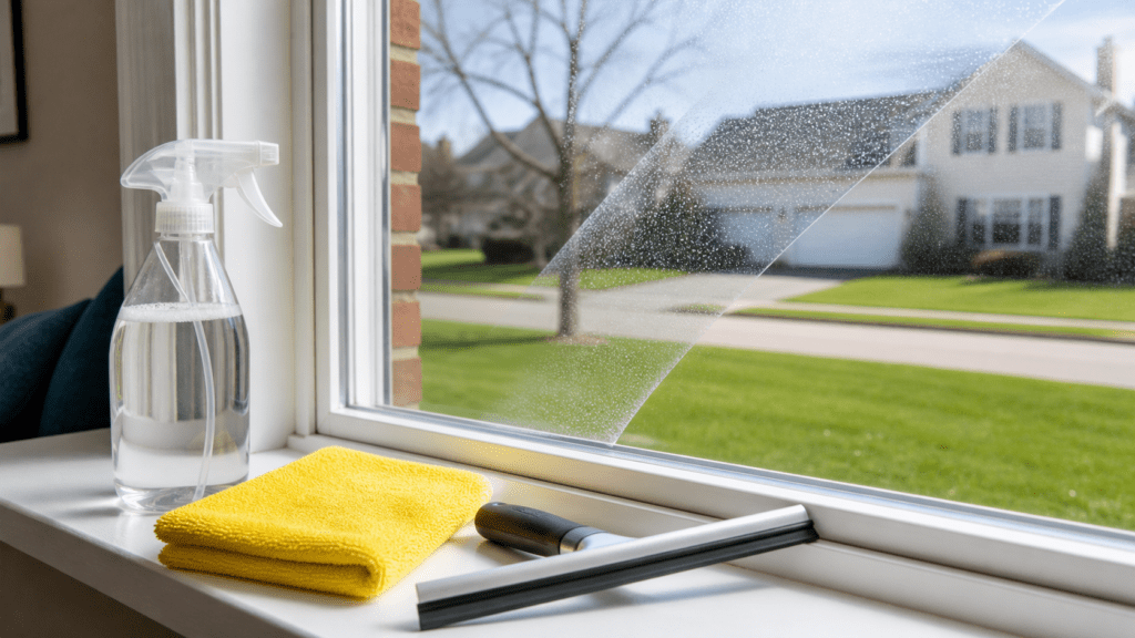 Window cleaning supplies - vinegar spray bottle, yellow microfiber cloth and squeegee - on a sill beside a streak-free wiped window in an Ohio home