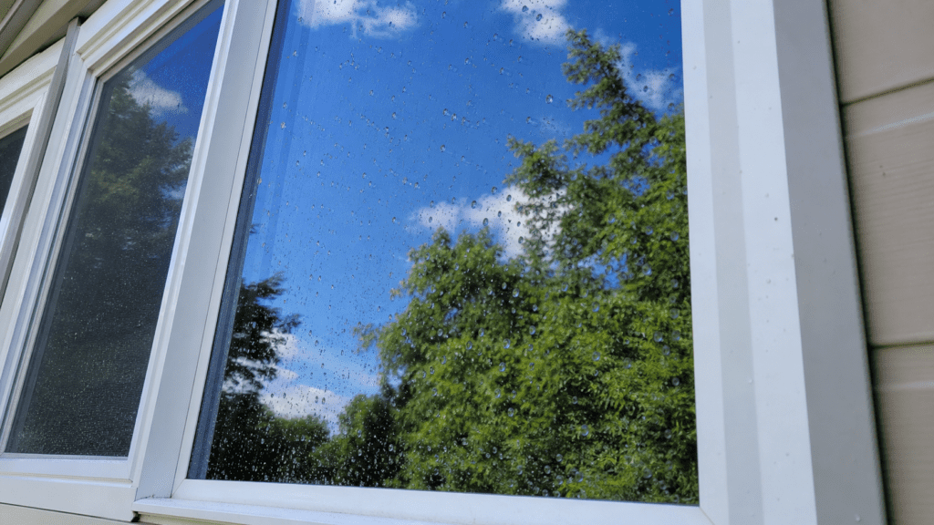 Spotless freshly cleaned exterior window with water droplets beading off the treated glass on a suburban Ohio house