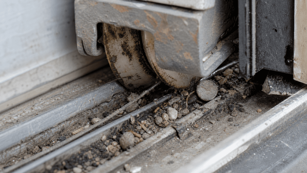Worn sliding glass door roller and debris-clogged bottom track in a suburban Ohio home