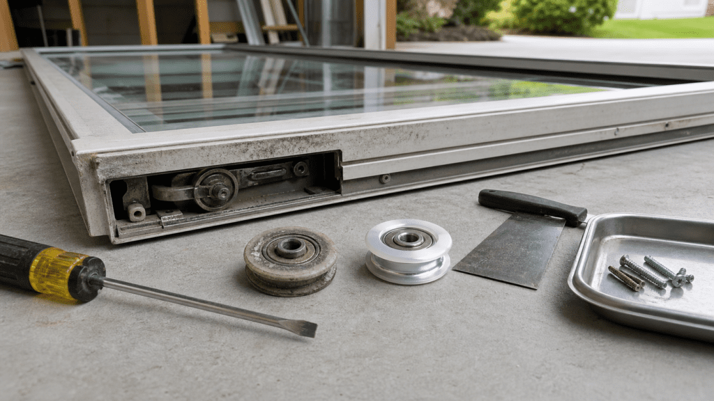 Sliding patio door removed onto a garage floor with old and new rollers and tools laid out, Ohio