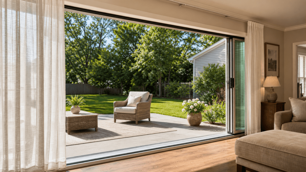 Smoothly operating repaired sliding glass patio door open to a sunny backyard in suburban Ohio