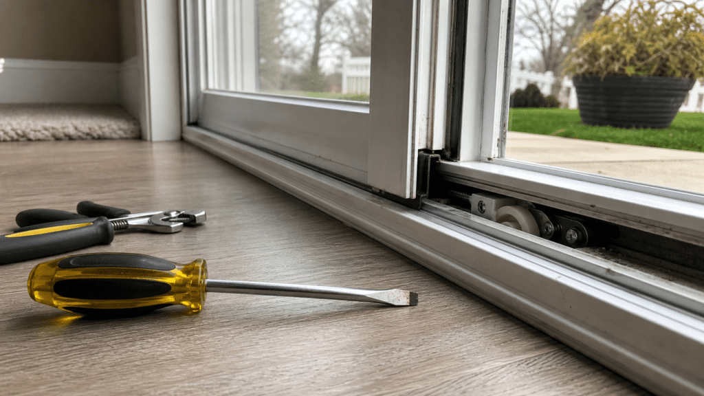 Screwdriver and hand tools on the floor beside an open sliding glass door track with the roller assembly exposed for repair in an Ohio home