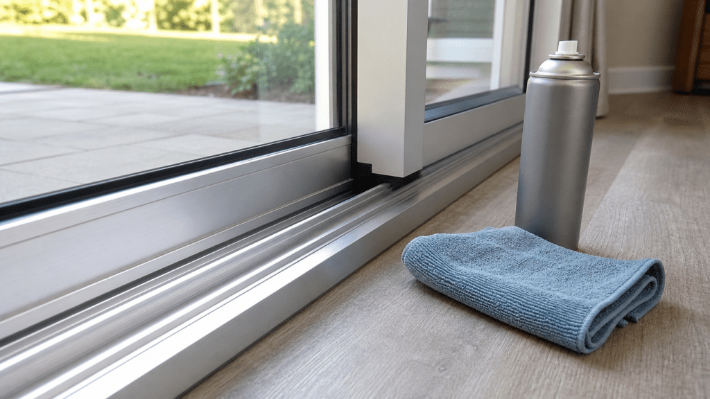 Clean aluminum sliding glass door track with spray lubricant and a microfiber cloth for routine maintenance in an Ohio home