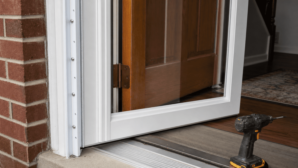 New white aluminum storm door being mounted into an entry doorway, Ohio home