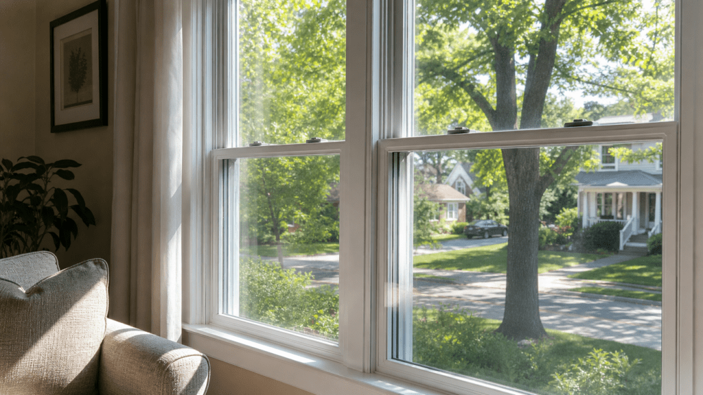 Interior view through a clean double-hung window onto a tree-lined suburban Ohio neighborhood street