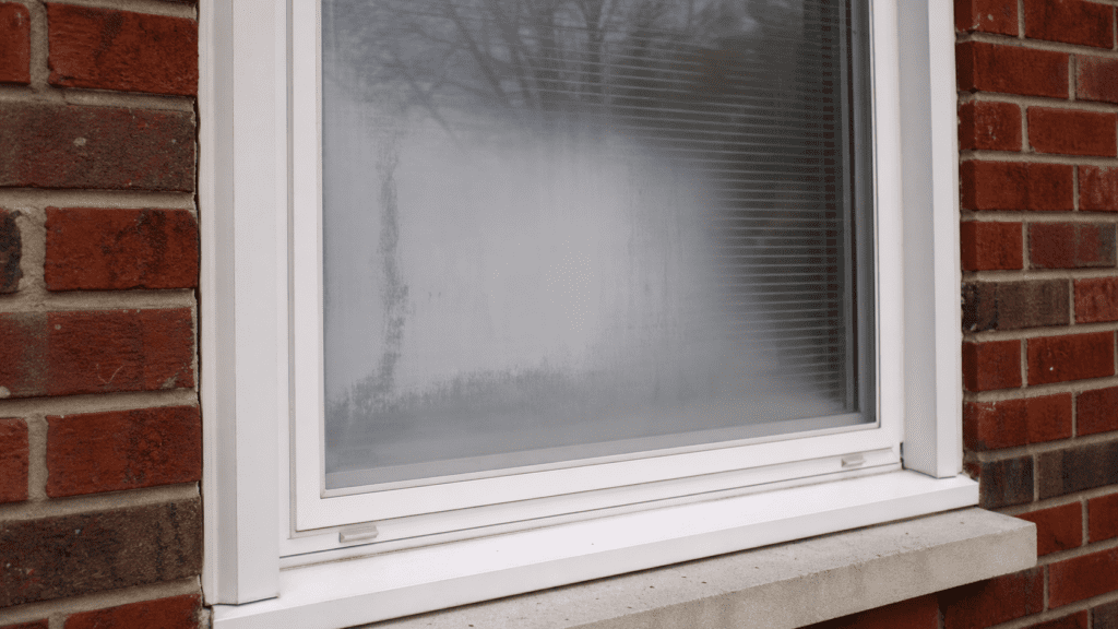 Foggy double-pane window with failed seal and trapped condensation on a brick Ohio house exterior
