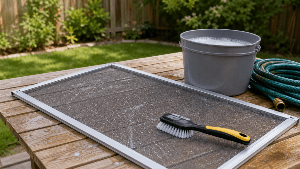 Removed window screen laid flat on a patio table being cleaned with a soft brush, soapy bucket and garden hose in an Ohio backyard