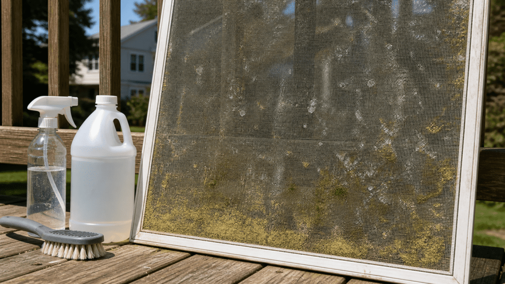 Window screen with pollen film, mildew patches and hard-water spots beside vinegar, a spray bottle and scrub brush on an Ohio home deck