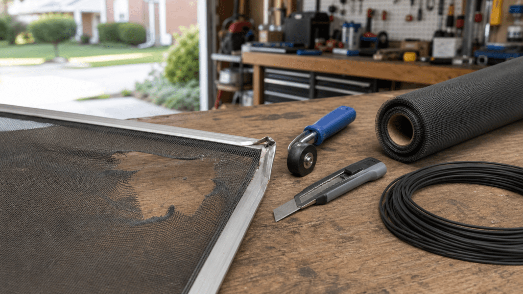 Damaged window screen with torn mesh and bent frame next to a spline roller, new mesh roll and utility knife in an Ohio garage workshop
