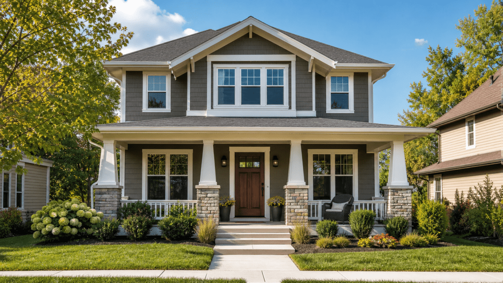 Craftsman-style suburban Ohio home with a front door that matches the home's exterior style and color