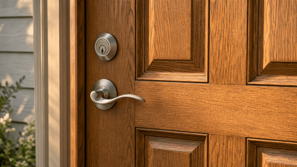 Close-up of a solid wood front door with natural oak grain and satin-nickel hardware on an Ohio porch