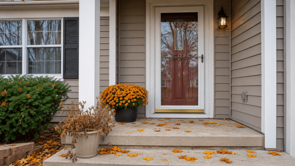 Front entrance of an Ohio home in late autumn with a storm door and fallen leaves on the porch steps
