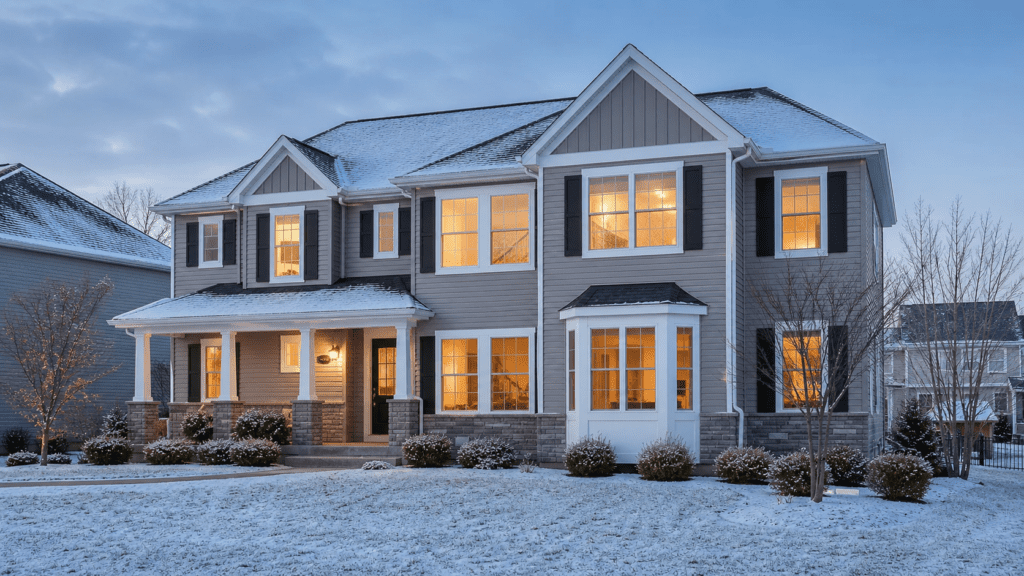 Energy-efficient windows glowing on an Ohio home during a light winter snow