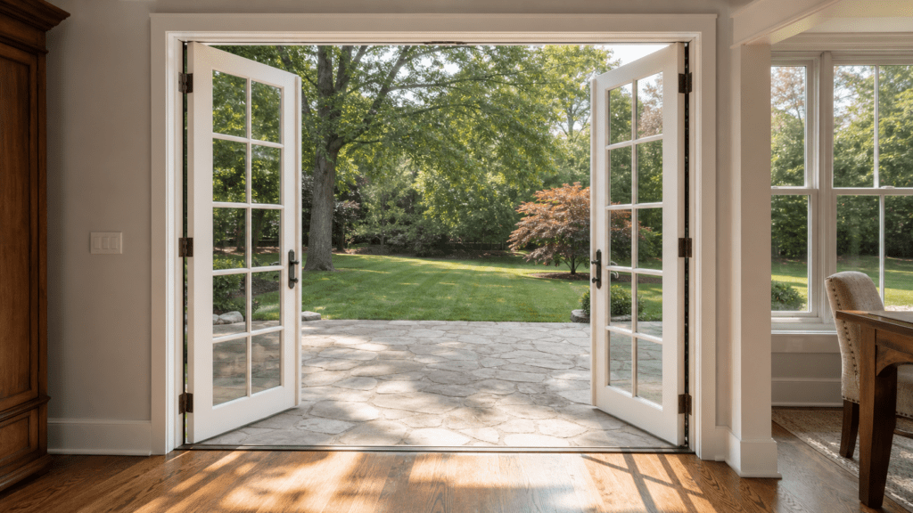White French double patio doors open onto a stone backyard patio at a suburban Ohio home