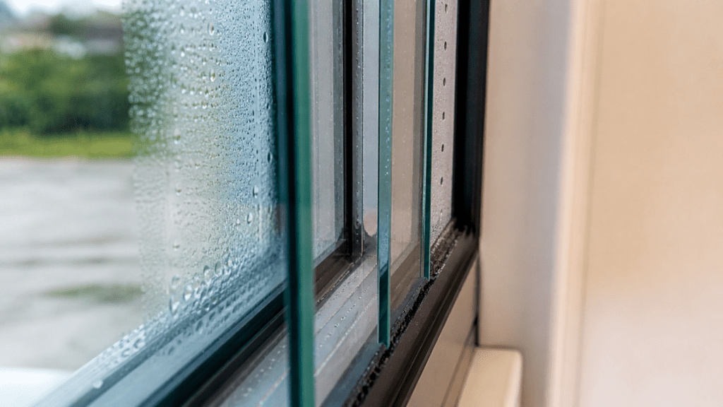 Close-up of an energy-efficient double-pane insulated glass patio door edge with condensation in Ohio