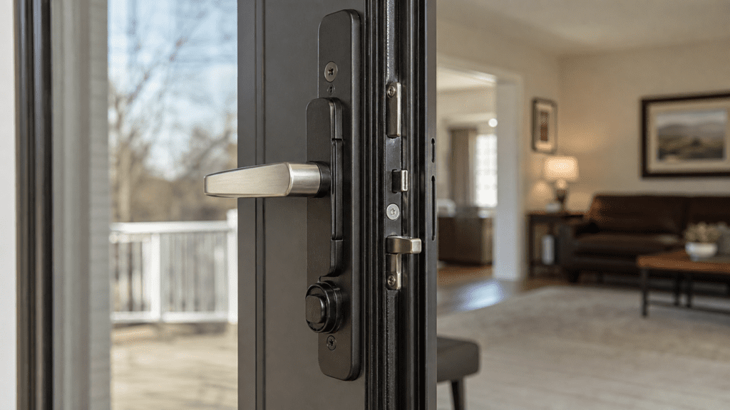 Reinforced multi-point locking handle and latch hardware on a sliding glass patio door in an Ohio home