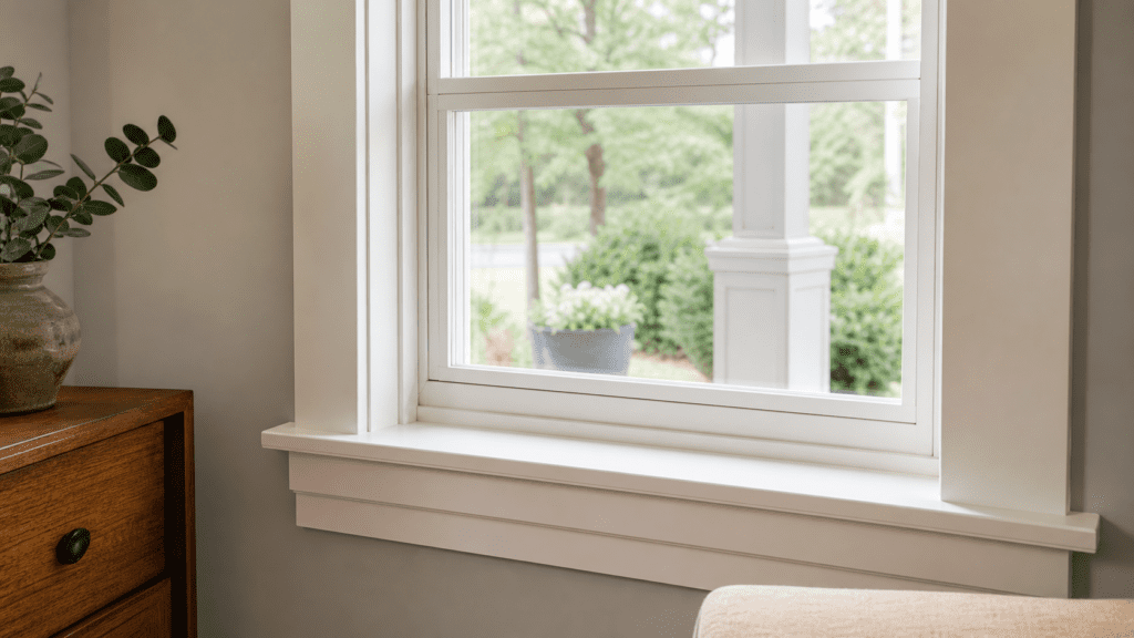 Window with wide craftsman casing and stool-and-apron trim in a bright Ohio room