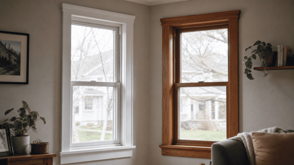 White painted window trim beside warm wood-stained trim showing the color contrast