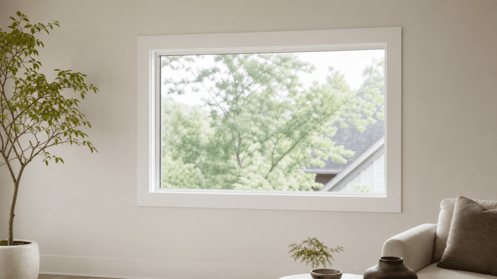 Window finished in a clean picture-frame trim style with four-sided casing