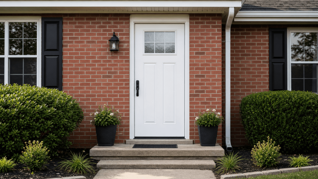 Standard 36-inch wide white front door on a red-brick suburban Ohio home