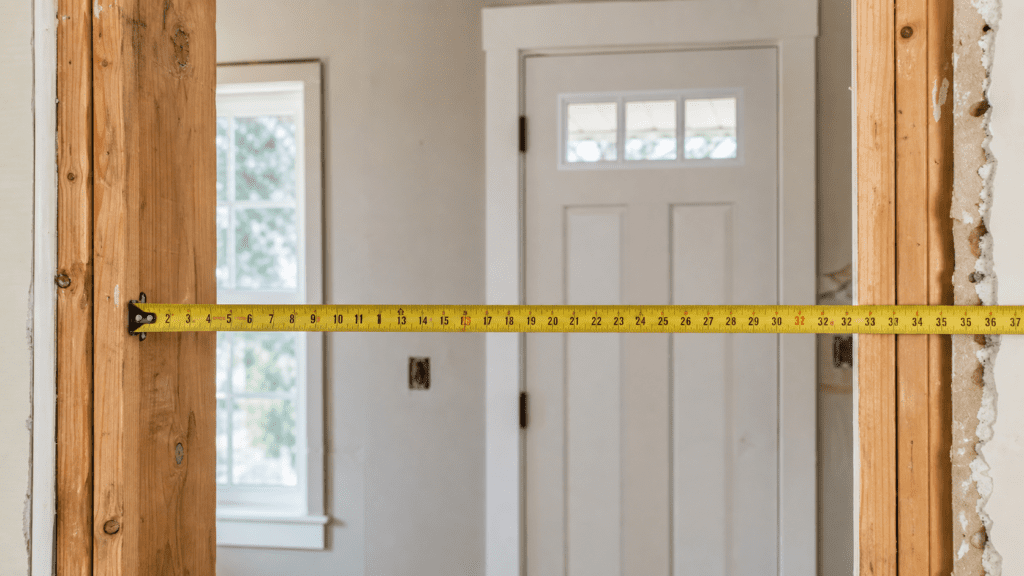 Tape measure across a front door rough opening during a home renovation in Ohio