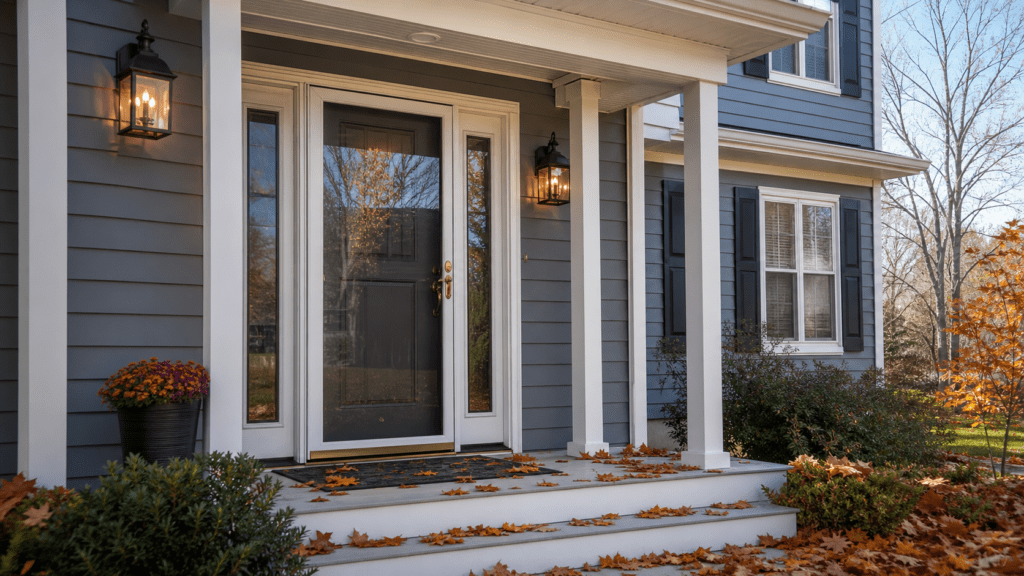 Weathertight insulated front entry door with storm door on an Ohio home in autumn