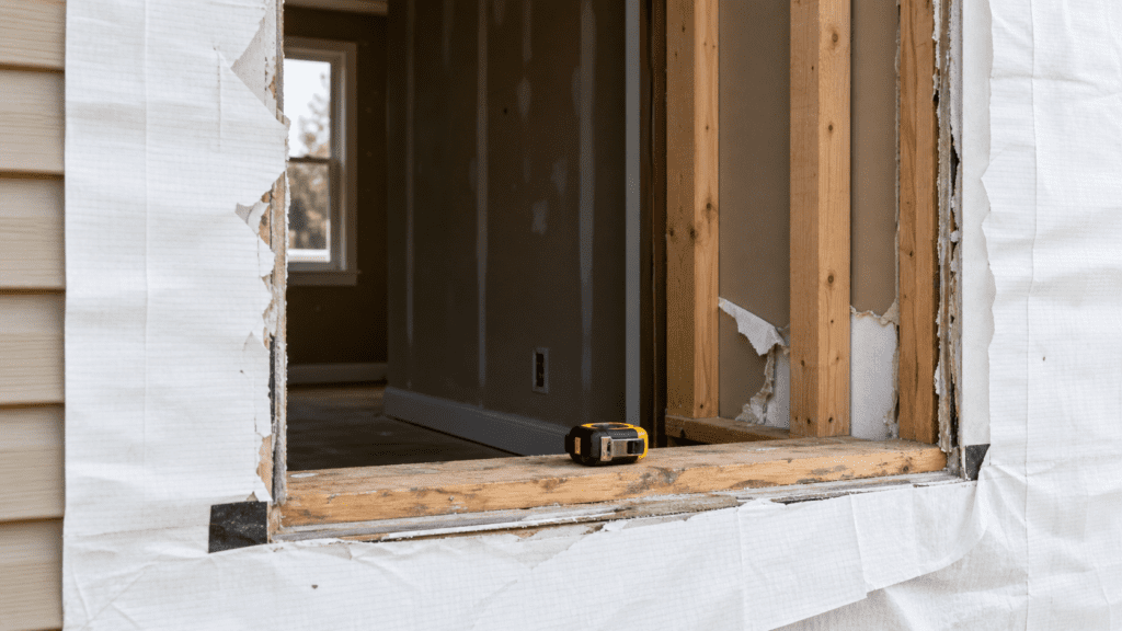 Exposed rough window opening with bare framing and house wrap after removing an old window in an Ohio home