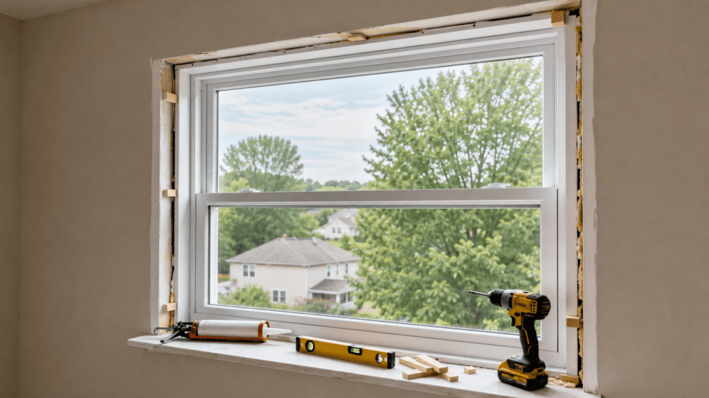 New white vinyl replacement window set into the wall opening with a level, caulk gun and drill on the sill in an Ohio home