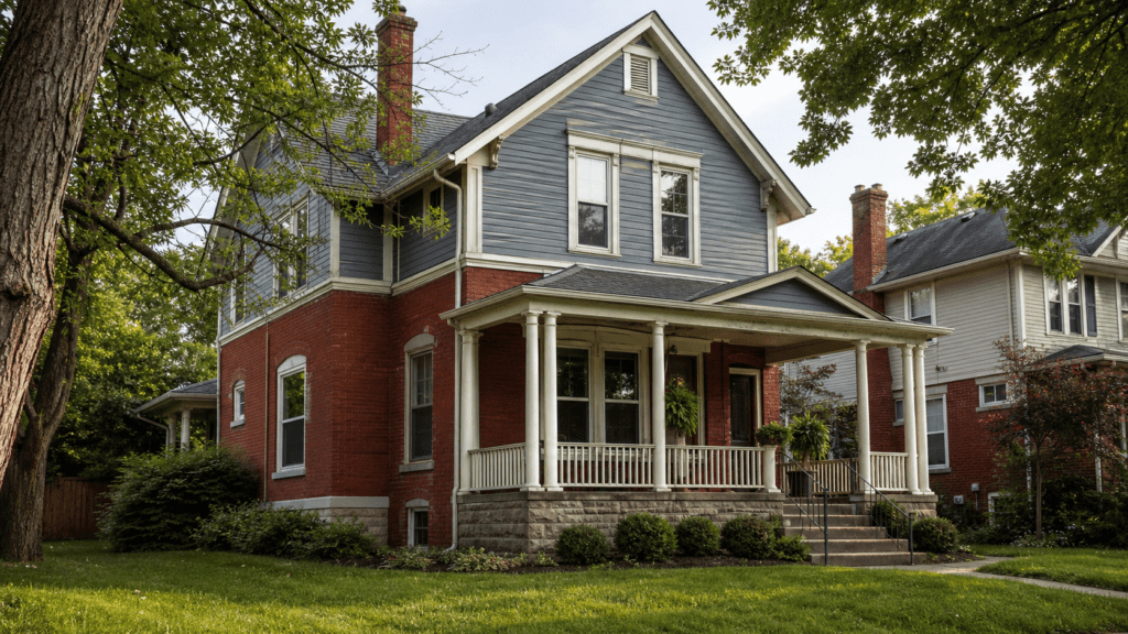 Exterior of an older Columbus Ohio home with brick, clapboard and classic double-hung windows