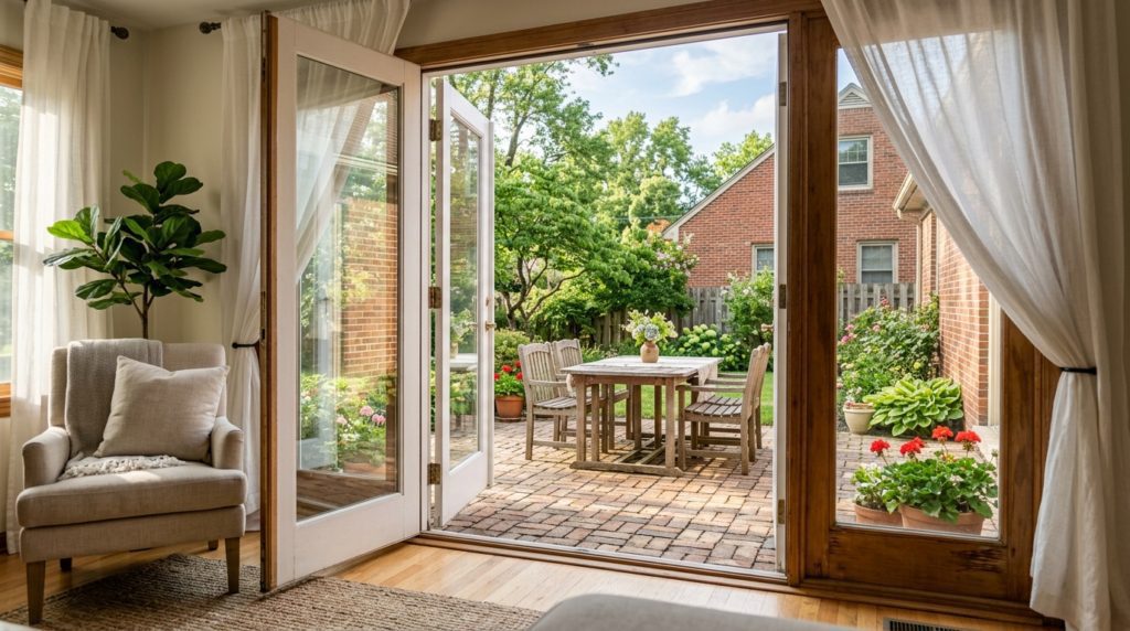 Open French patio door looking out onto a suburban Ohio backyard patio with a brick home and soft afternoon light