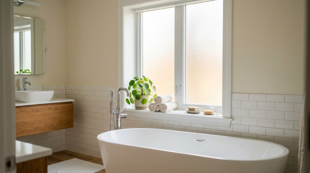 Bright modern bathroom with a frosted casement window above a freestanding tub letting in soft daylight, white tile and a potted plant on the sill