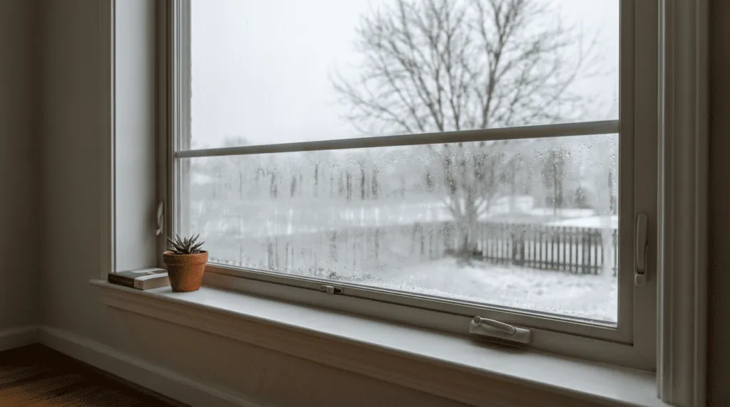 Residential double-pane window with milky condensation fogging the lower half of the glass between the two panes