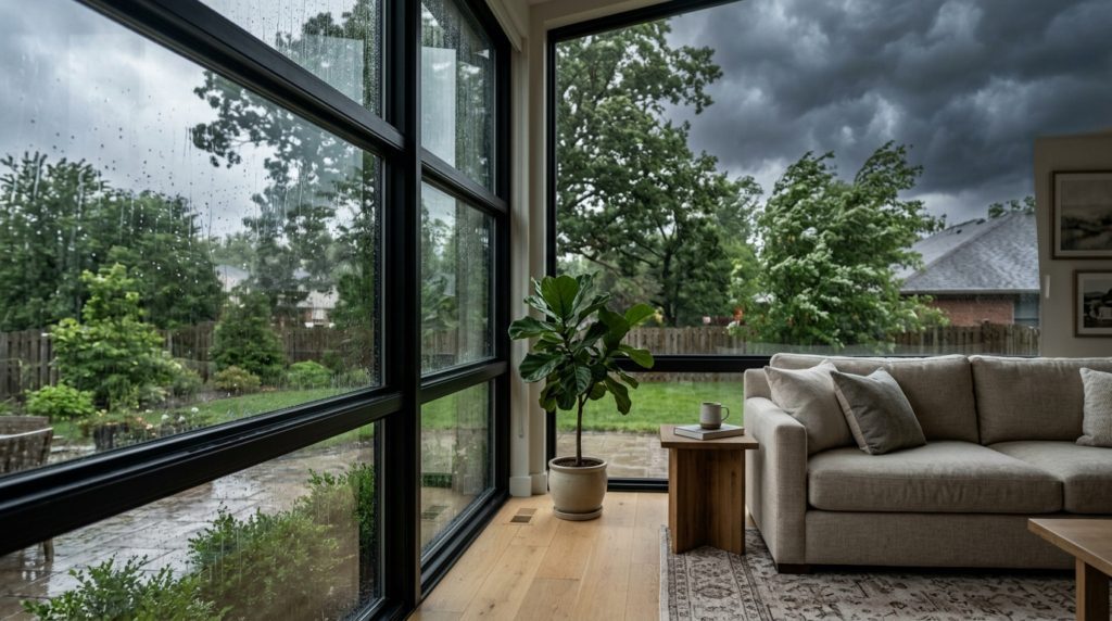 Large impact-resistant windows in a calm Ohio living room looking out at a gathering storm with rain streaking the glass