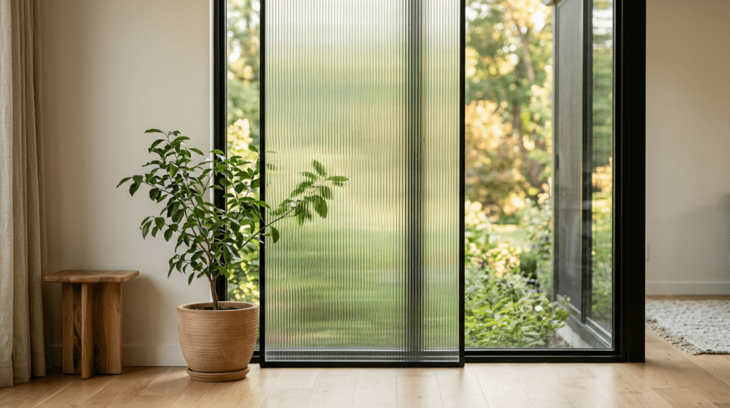 Tall reeded fluted privacy glass window panel softly blurring a sunlit garden view in a bright modern room