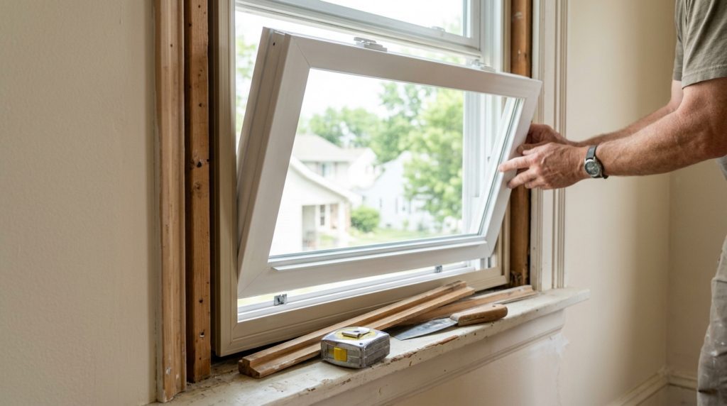 Hands fitting a new white double-hung lower window sash into the jamb liners of a residential window frame