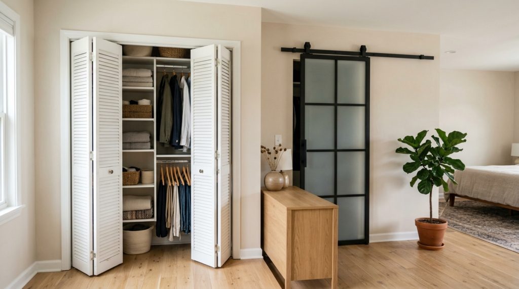 Bright bedroom with white louvered bifold closet doors open beside a black-framed glass sliding barn closet door on a residential wall