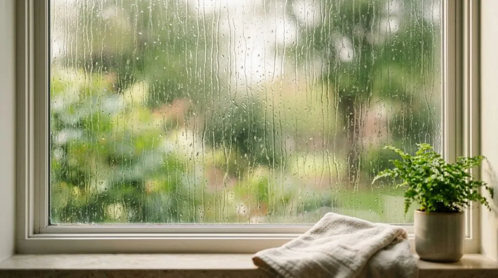 Close-up of a textured rain glass bathroom window with a vertical raindrop pattern, soft daylight diffusing through and green foliage blurred outside