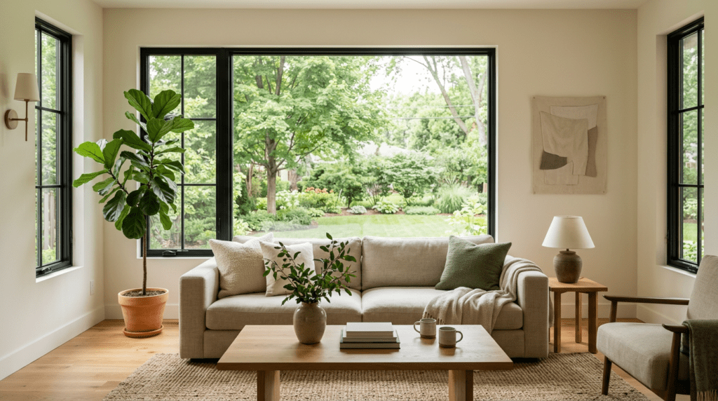 Bright modern living room with a large black-framed picture window and flanking casement windows overlooking a green backyard