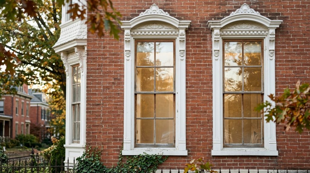 Tall two-over-two double-hung sash windows with ornate white trim and a hood mold on a brick Victorian home facade