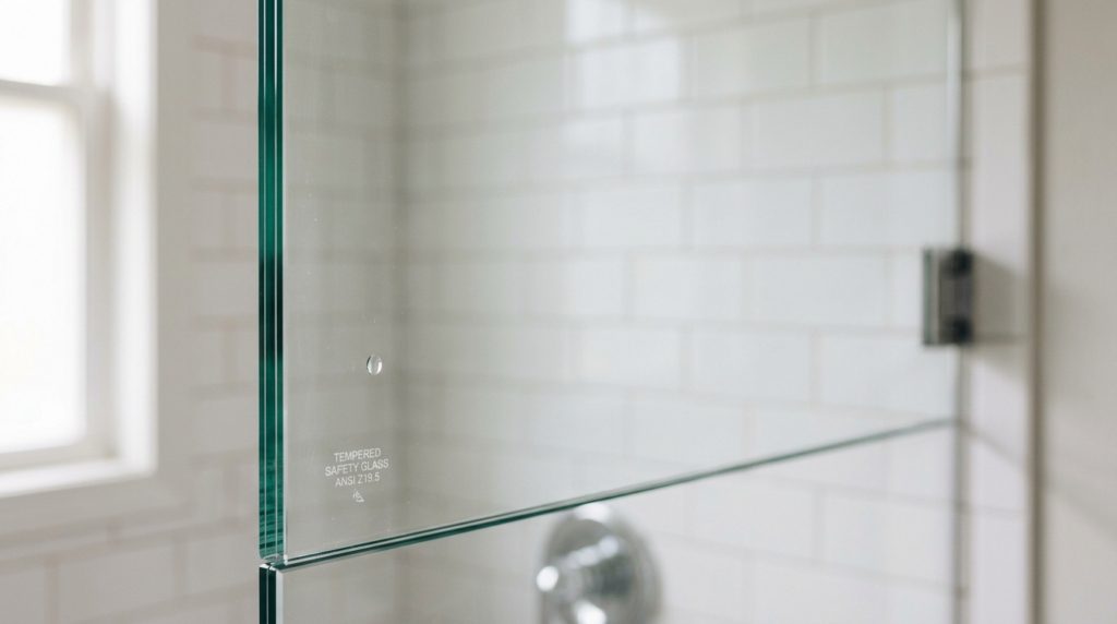 Close-up of a residential glass shower door and a clear glass panel showing the small etched safety stamp in the corner