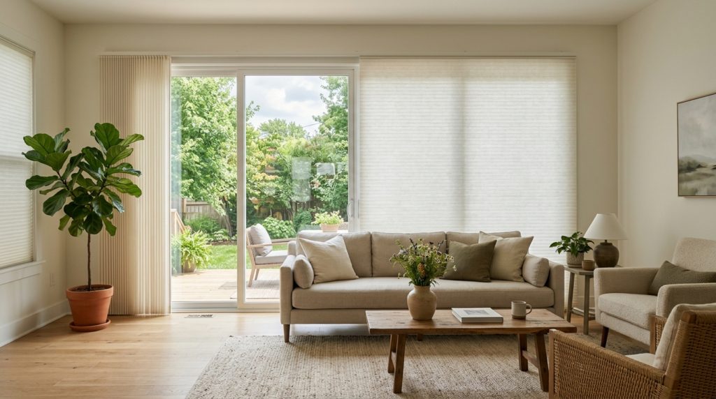 Modern living room with a wide sliding patio door dressed in vertical cellular shades stacked to one side, overlooking a green Ohio backyard