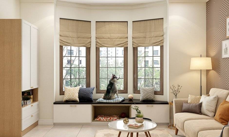 Bay window with a beautiful view, framed by custom blinds and providing natural light, enhancing the cozy living space