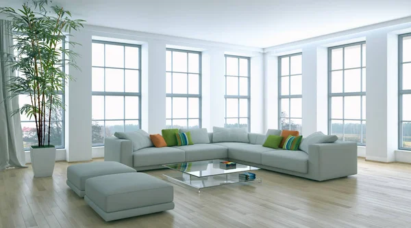 Spacious modern living room with floor-to-ceiling grid-style windows