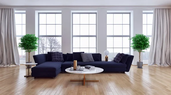 Modern living room with large grid-style windows providing ample natural light