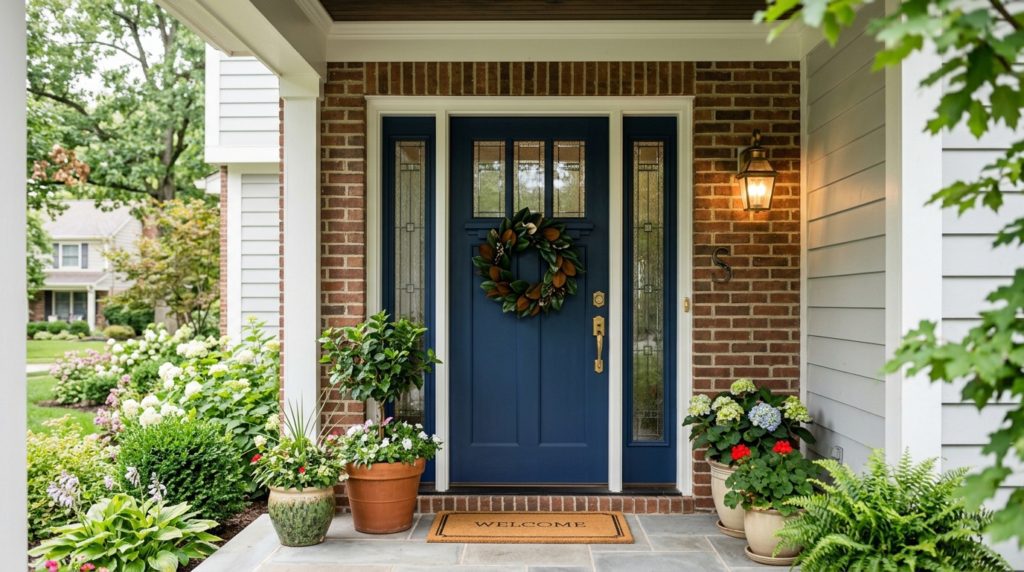 Craftsman-style front door in deep blue with glass panel and sidelights on the brick entrance of a suburban home