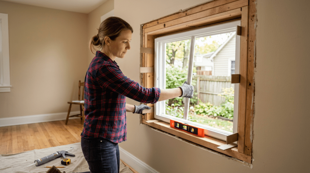 Homeowner setting a new vinyl replacement window into a residential rough opening and checking it with a level