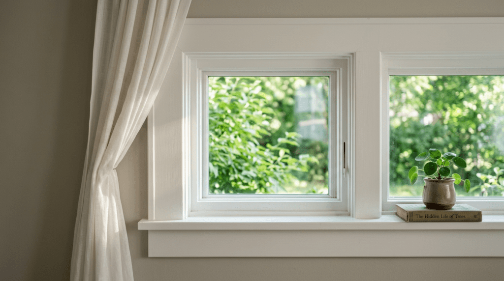 Bright living room window framed with wide white painted craftsman interior trim and a stool-and-apron sill in soft daylight