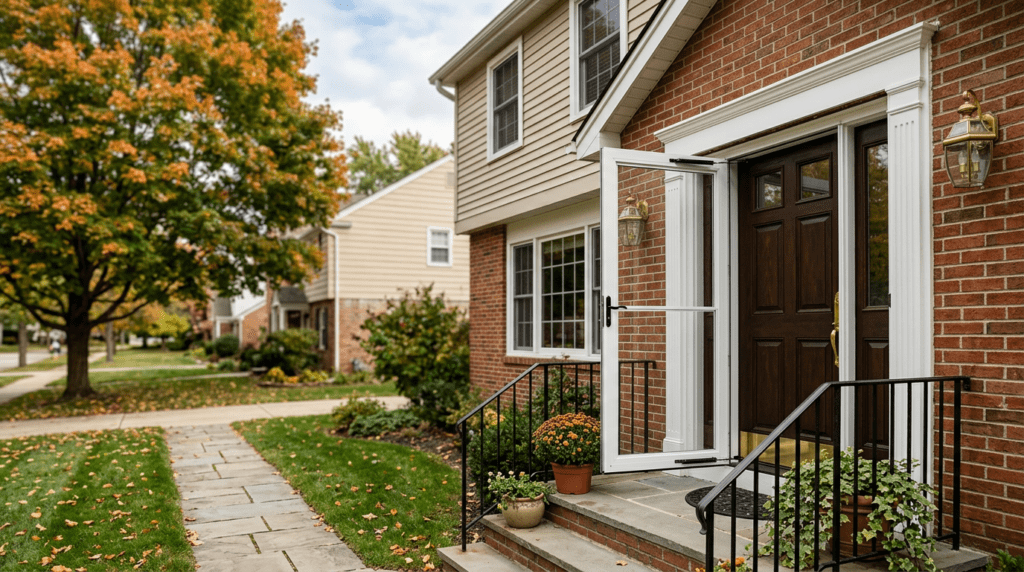 White full-view glass storm door installed on the brick front entrance of a two-story suburban home in autumn