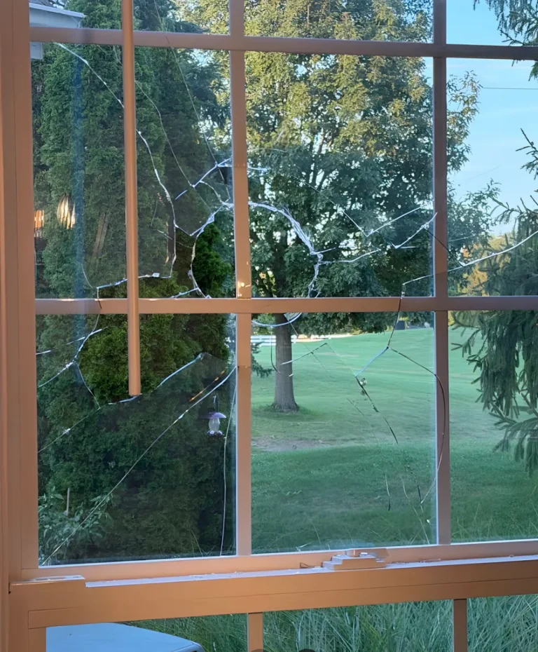 Shattered glass in a window sash with cracks spreading from one impact point