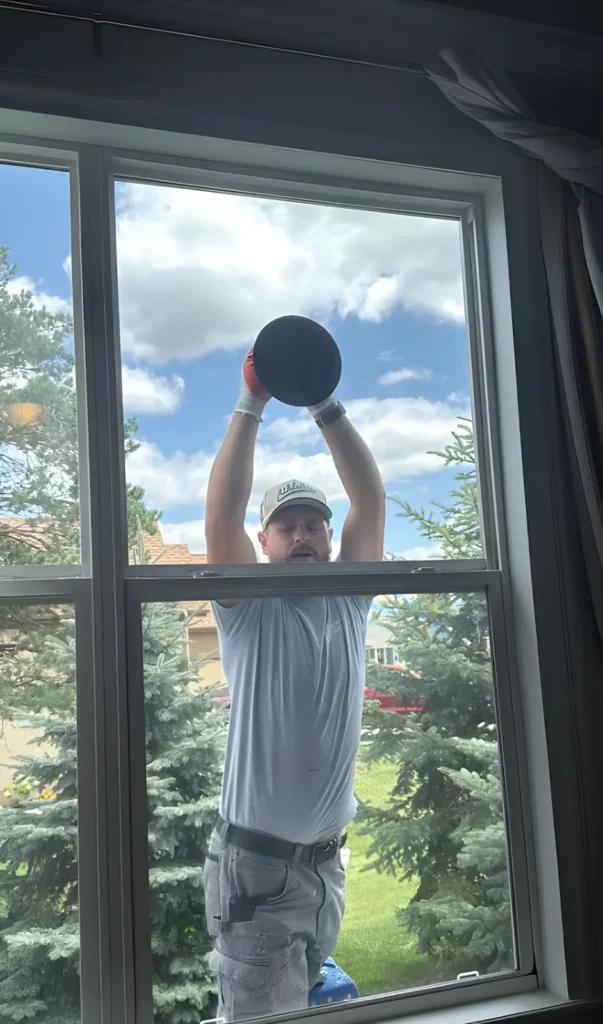 Technician lifting glass with a suction-cup lifter on the other side of a window, blue sky behind him